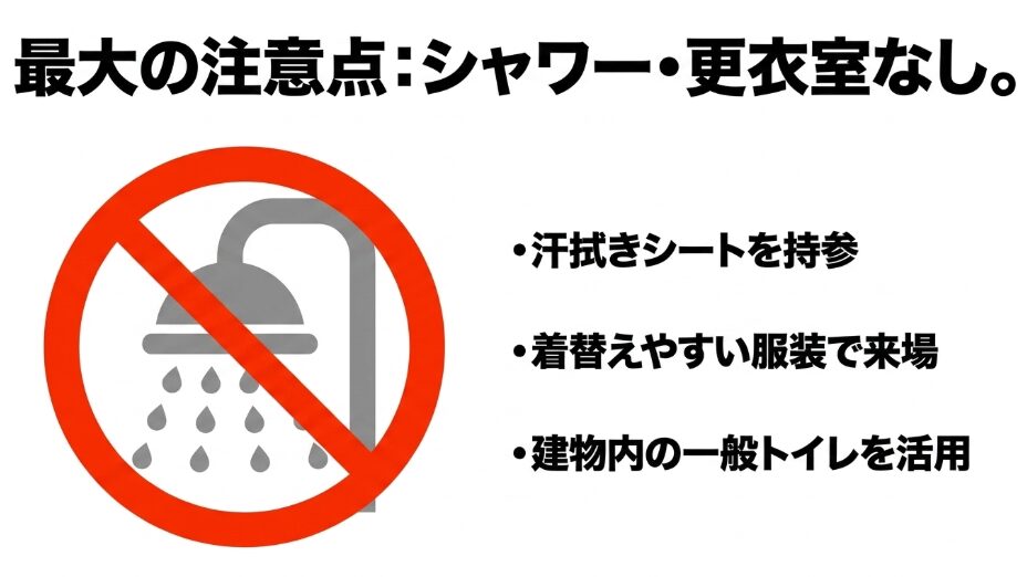 東京タワーピックルボールコートの最大の注意点。シャワーや更衣室がないため、汗拭きシートを持参し、着替えやすい服装で来場すること