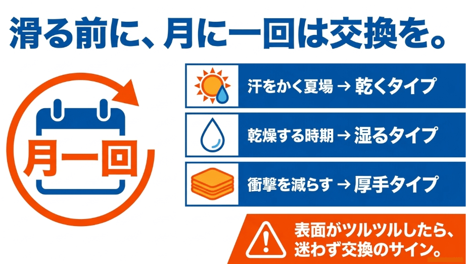 グリップテープは月に一回、表面がツルツルしたら交換するべきであり、季節や用途に合わせてタイプを選ぶことを推奨するスライド