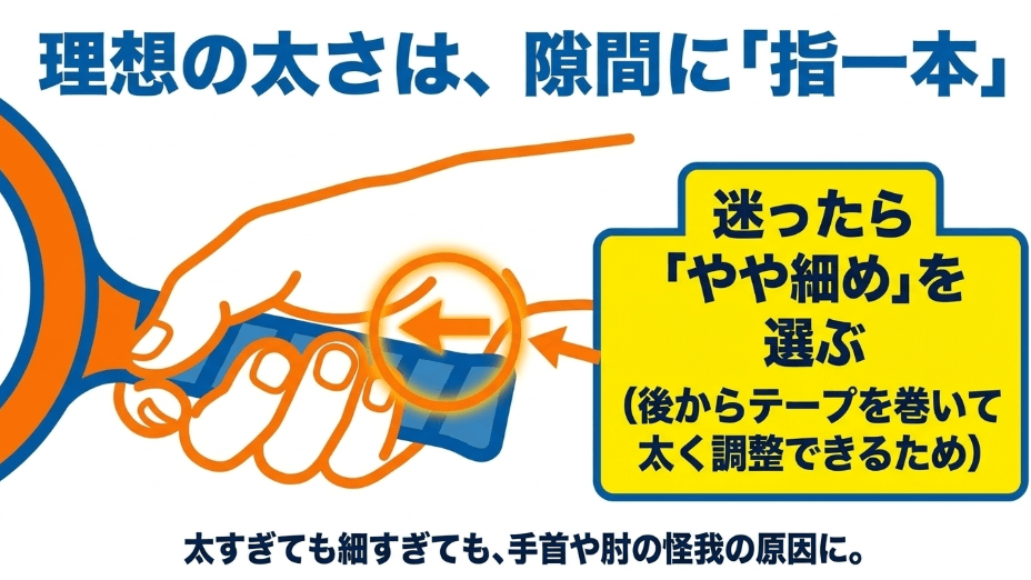 理想のグリップの太さは隙間に指一本が入るサイズであり、迷ったらテープで調整可能なやや細めを選ぶべきであるという解説図