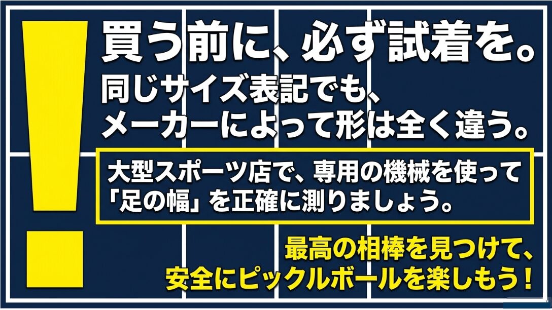 同じサイズ表記でもメーカーによって形は異なります。大型スポーツ店で専用の機械を使って正確に足の幅を測り、必ず試着をしてから購入しましょう