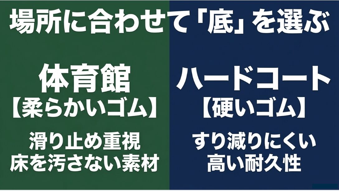 プレイ場所に合わせてソールを選ぶことが重要です。体育館は滑り止め重視の柔らかいゴム、ハードコートは耐久性重視の硬いゴムを選びましょう