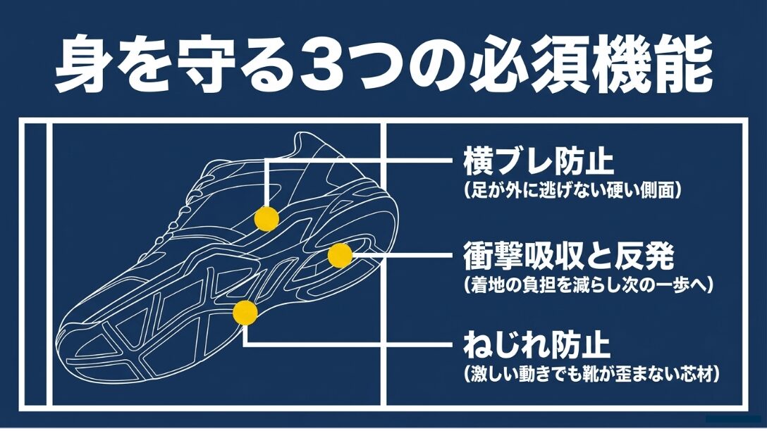 身を守る3つの必須機能として、足が逃げない横ブレ防止、負担を減らす衝撃吸収と反発、靴が歪まないねじれ防止があります