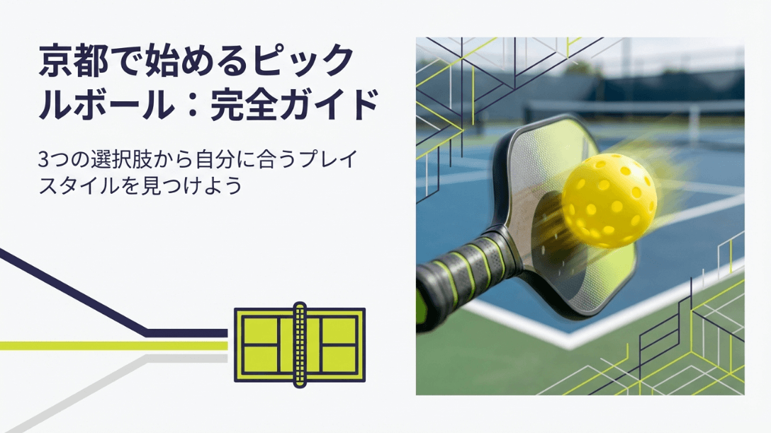 京都でのピックルボールの始め方を解説した完全ガイドの表紙スライド。パドルとボールのイメージ画像。