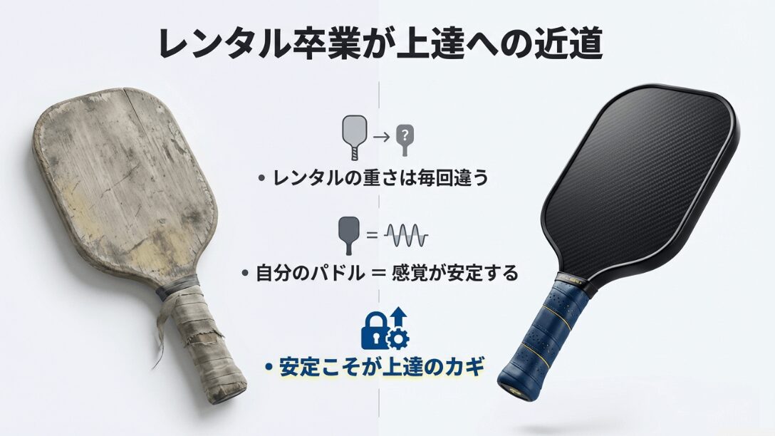 レンタル卒業が上達の近道であることを説明するスライド。自分のパドルを持つことで感覚が安定し、それが上達のカギになることを示している。