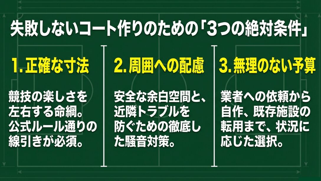 正確な寸法、周囲への配慮、無理のない予算というコート建設の3つの重要ポイント