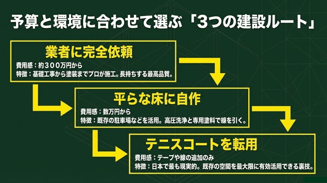 業者依頼、自作、テニスコート転用の3つのルートとそれぞれの費用感・特徴