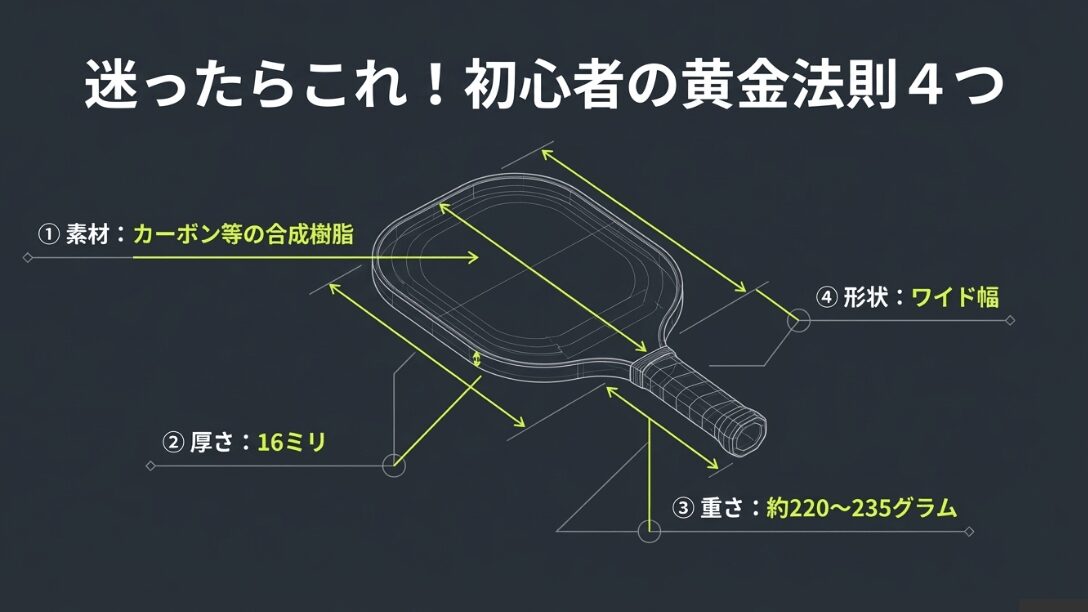ワイド幅のパドルにチェックマークがついた図。スイートスポットが広くミスヒットに強いことを説明