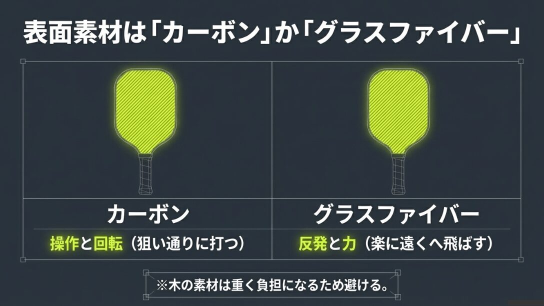 カーボン(操作と回転)とグラスファイバー(反発と力)の特徴を比較した図。木製パドルを避けるべき理由も記載