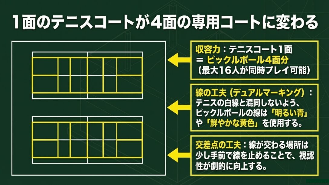 テニスコート1面の面積にピックルボールコート4面を配置する図解とデュアルマーキングのコツ