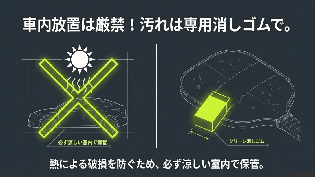 車内放置の禁止マークと、専用のパドルイレーサーで汚れを落とす手順を描いたイラスト