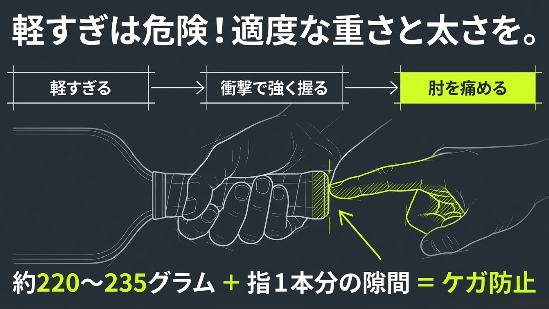 パドルの推奨重量(220〜235g)と、グリップを握った時の理想的な隙間(指1本分)を解説したイラスト