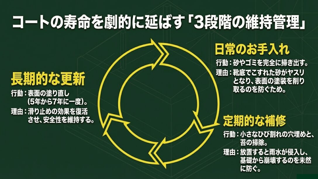 日常の清掃、定期的な補修、長期的な塗り直しというコートメンテナンスのサイクル