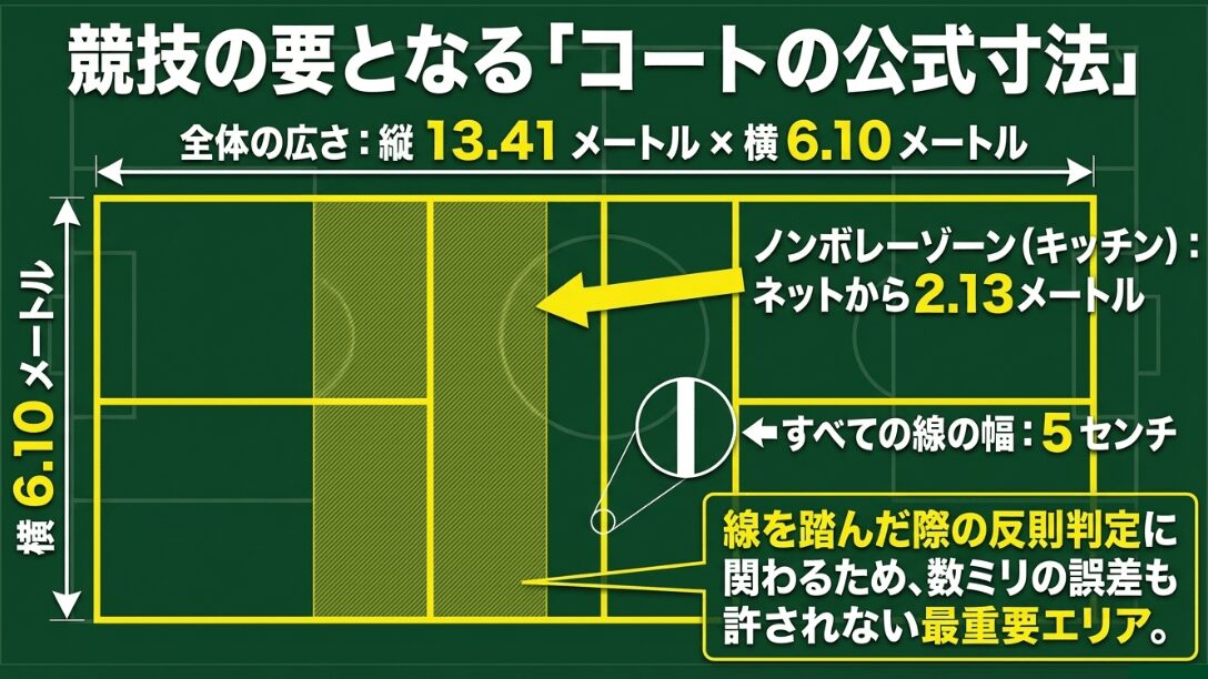 全体の広さ13.41m×6.10m、キッチンの広さ2.13m、ライン幅5cmの公式規格図