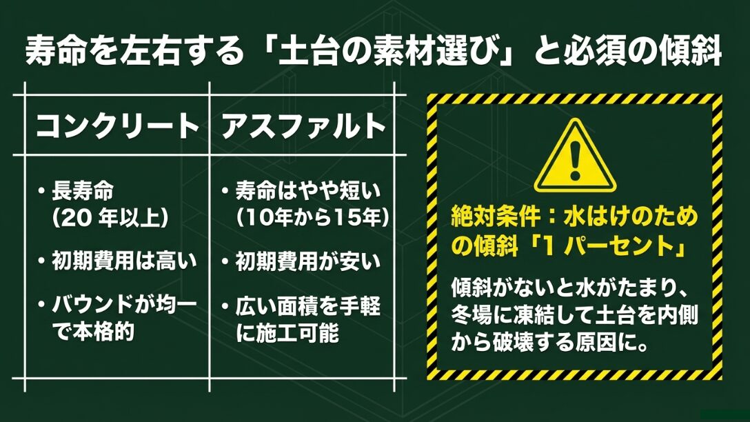 コンクリートとアスファルトの耐久性・コスト比較と、1パーセントの排水傾斜の必要性