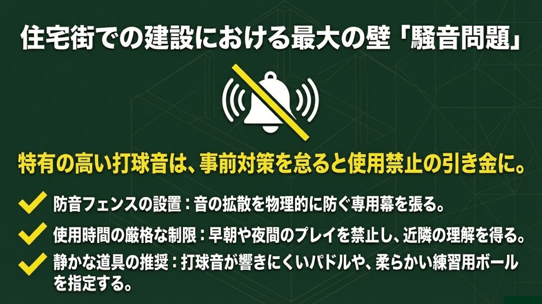 防音フェンス設置、使用時間の制限、静かな道具の推奨などの騒音トラブル防止策