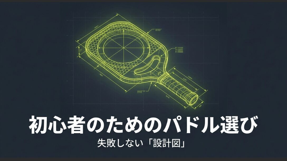 ピックルボールパドルの構造が描かれた設計図風のイメージ画像。「初心者のためのパドル選び 失敗しない設計図」というテキスト
