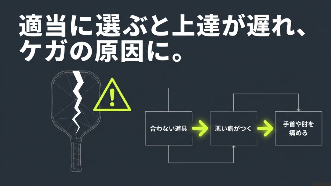 パドルが割れるイラストと、合わない道具を使うと悪い癖がつき、手首や肘を痛める原因になることを示すフローチャート