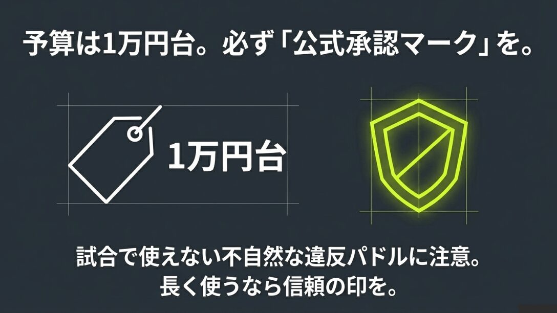 予算1万円台の目安と、公式大会で必須となるUSAP承認マークの重要性を説明する図