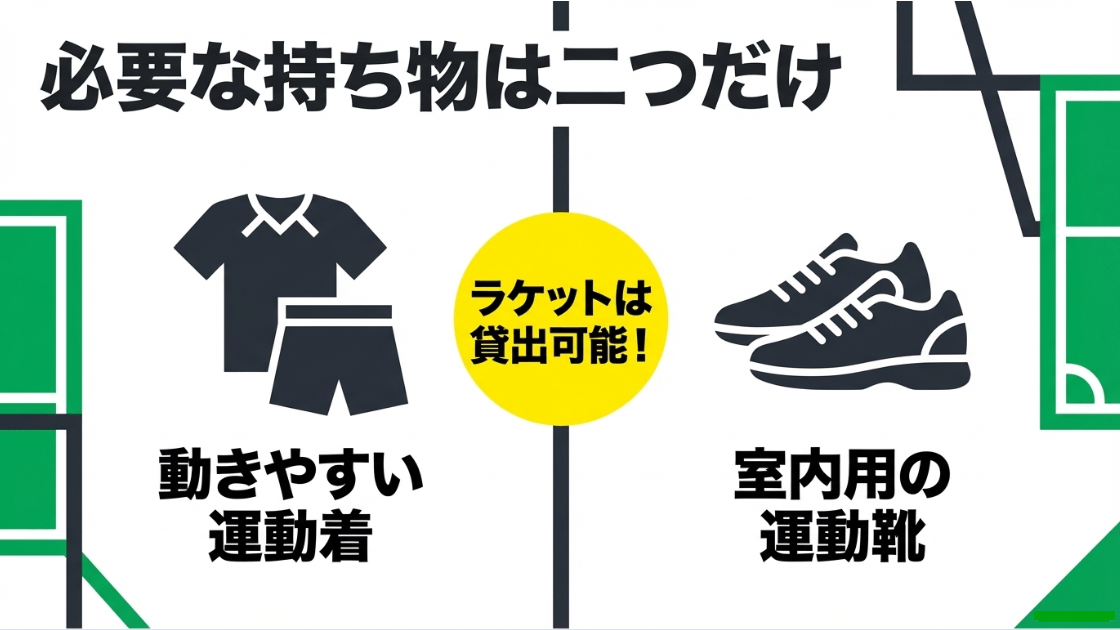 ピックルボールに必要なのは動きやすい運動着と室内用運動靴の2点のみという案内