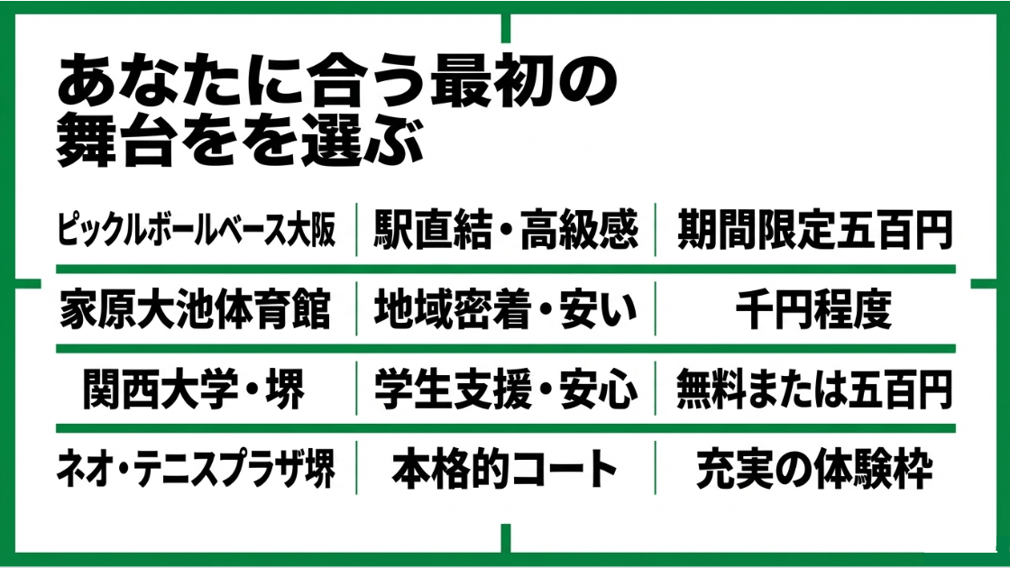 ピックルボールベース大阪、家原大池体育館、関西大学、ネオ・テニスプラザ堺の料金や特徴の比較表