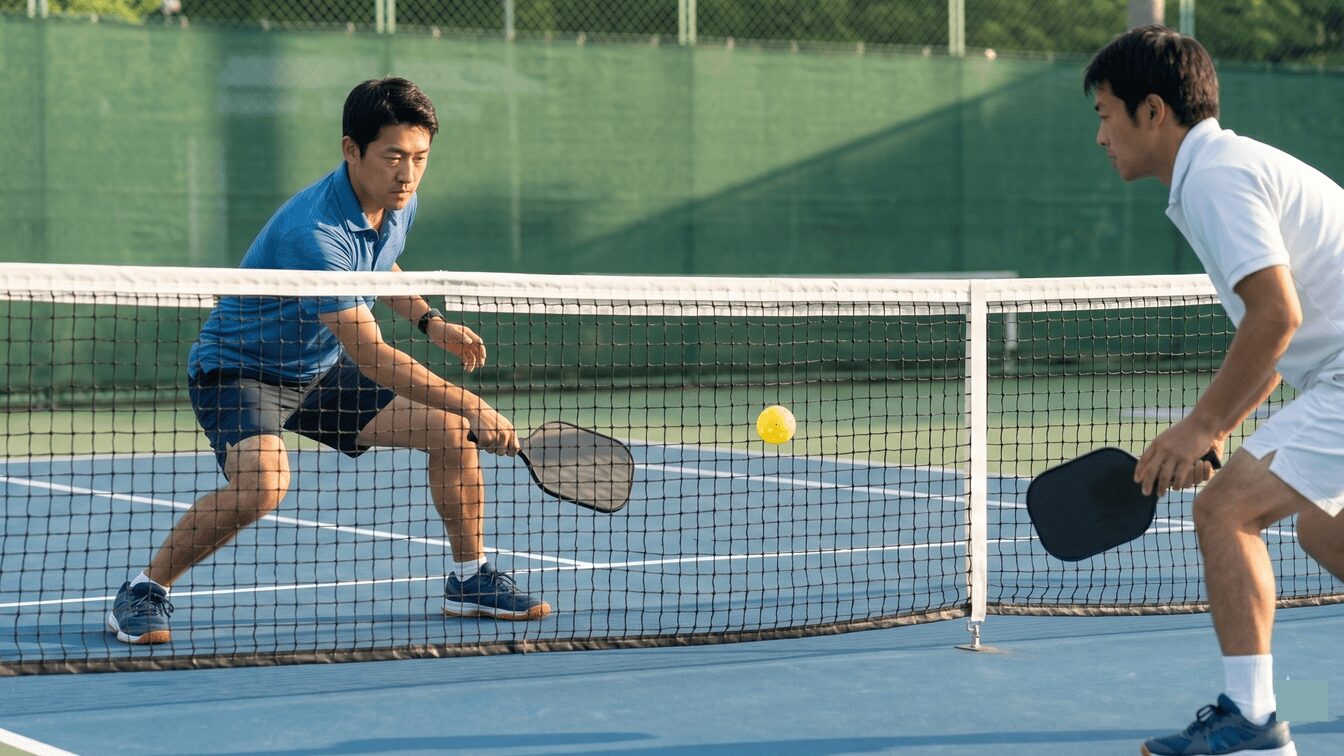 ピックルボールコートのネット際で、日本人男性プレーヤー2人が低い体勢(パワーフェーズ)から、ノンボレーゾーン(キッチン)内に柔らかいディンクショットを落とし合う戦術的なラリーの様子。ネット中央が少し低いことも視覚的に確認できる。