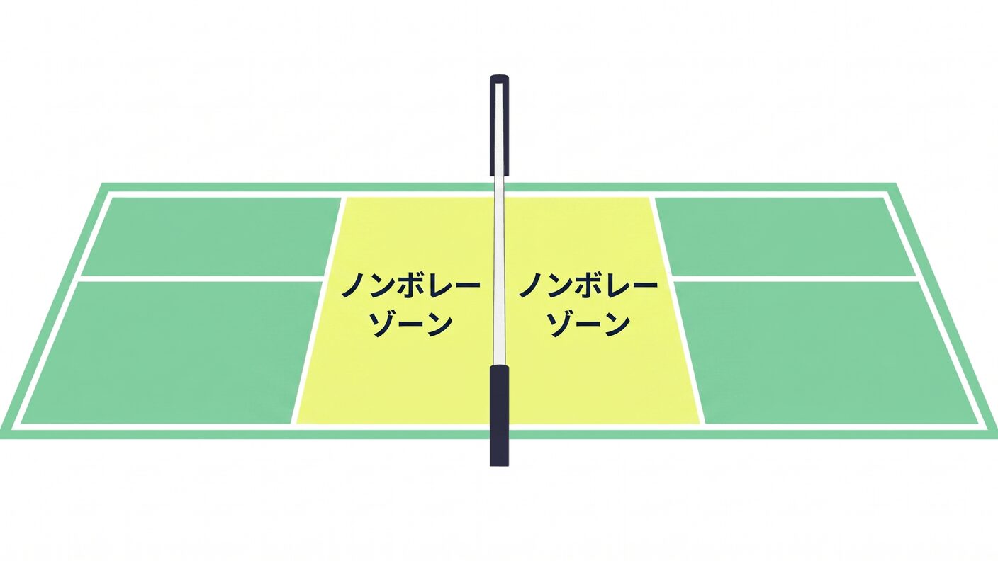 ピックルボールのコートのノンボレーゾーンを示すイラスト