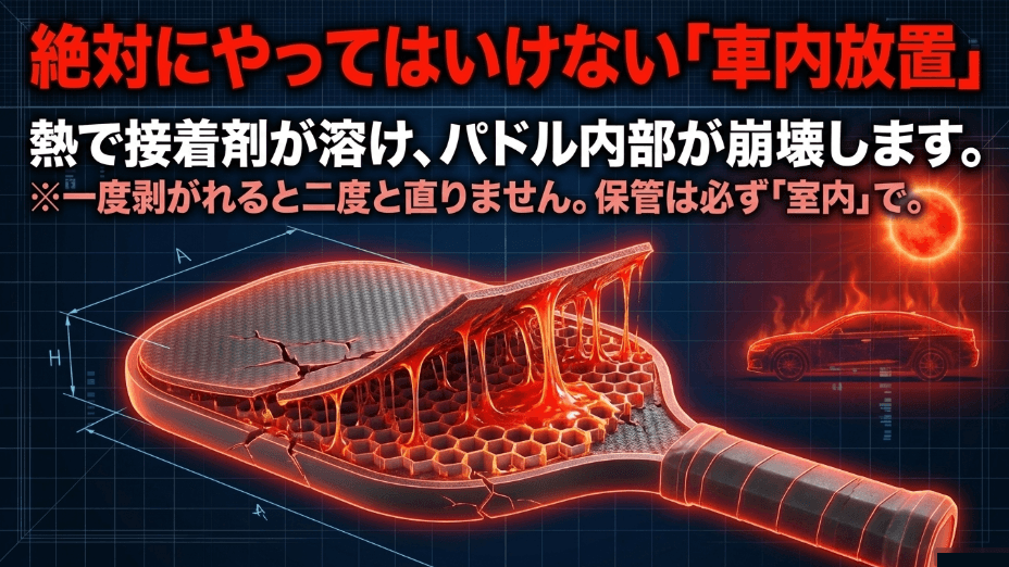 絶対にやってはいけないパドルの車内放置。熱で接着剤が溶けて内部が崩壊し、一度剥がれると直らないため、保管は必ず室内で行う