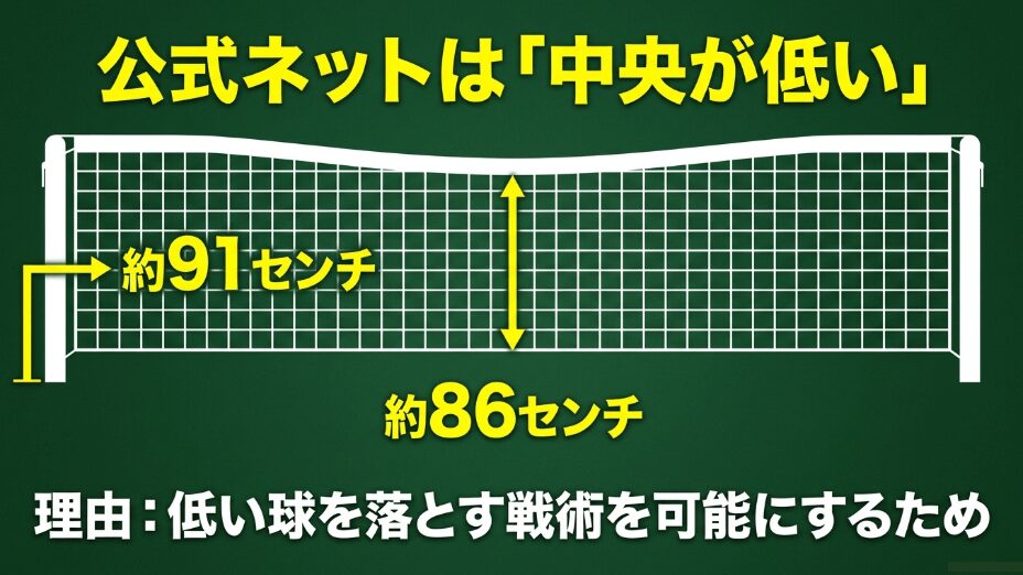 ピックルボールの公式ネットは両端が約91センチ、中央が約86センチと低く設定されている