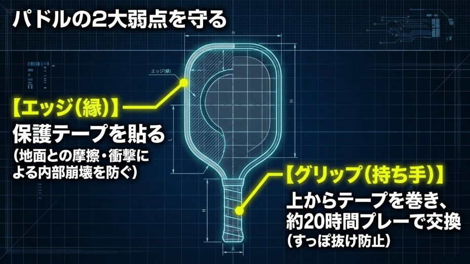パドルの2大弱点であるエッジとグリップの保護。エッジには保護テープを貼り、グリップには上からテープを巻いて約20時間プレーで交換する