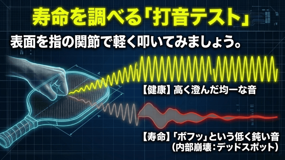 パドルの寿命を調べる打音テスト。表面を指の関節で軽く叩き、高く澄んだ均一な音なら健康、ボフッという低く鈍い音ならデッドスポットと呼ばれる内部崩壊が起きており寿命である