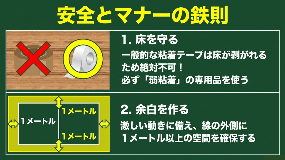 床を守るための弱粘着テープの使用と、激しい動きに備えて線の外側に1メートル以上の空間を確保する鉄則