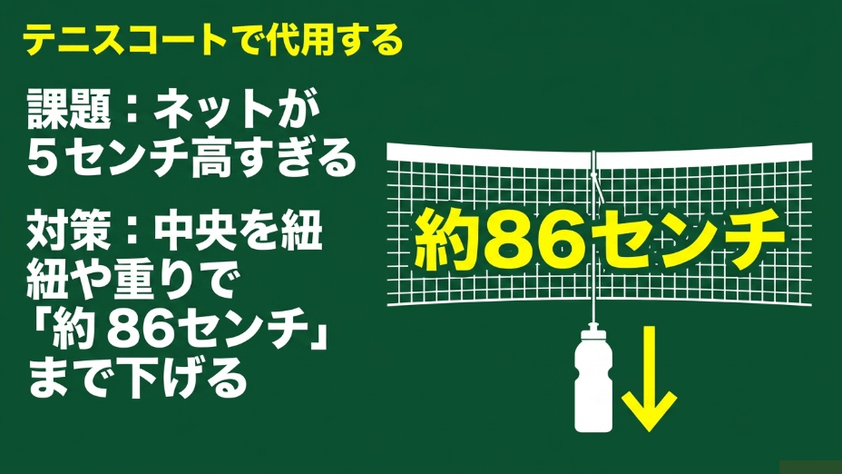 テニスコートのネットは5センチ高いため、中央を紐や重りで約86センチまで下げる対策が必要